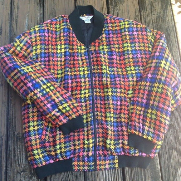 Marguerite Li Black Houndstooth Silk Bomber Jacket L Rainbow Red Vintage 80s 90s - Picture 1 of 4